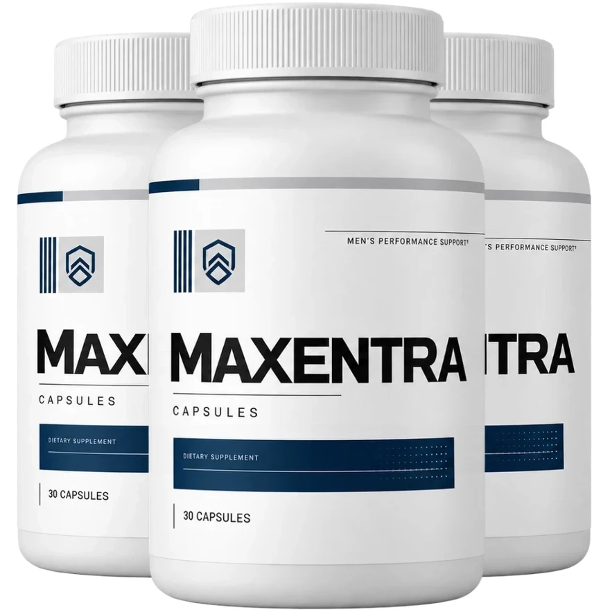 Three bottles of Maxentra Men's Performance Support capsules